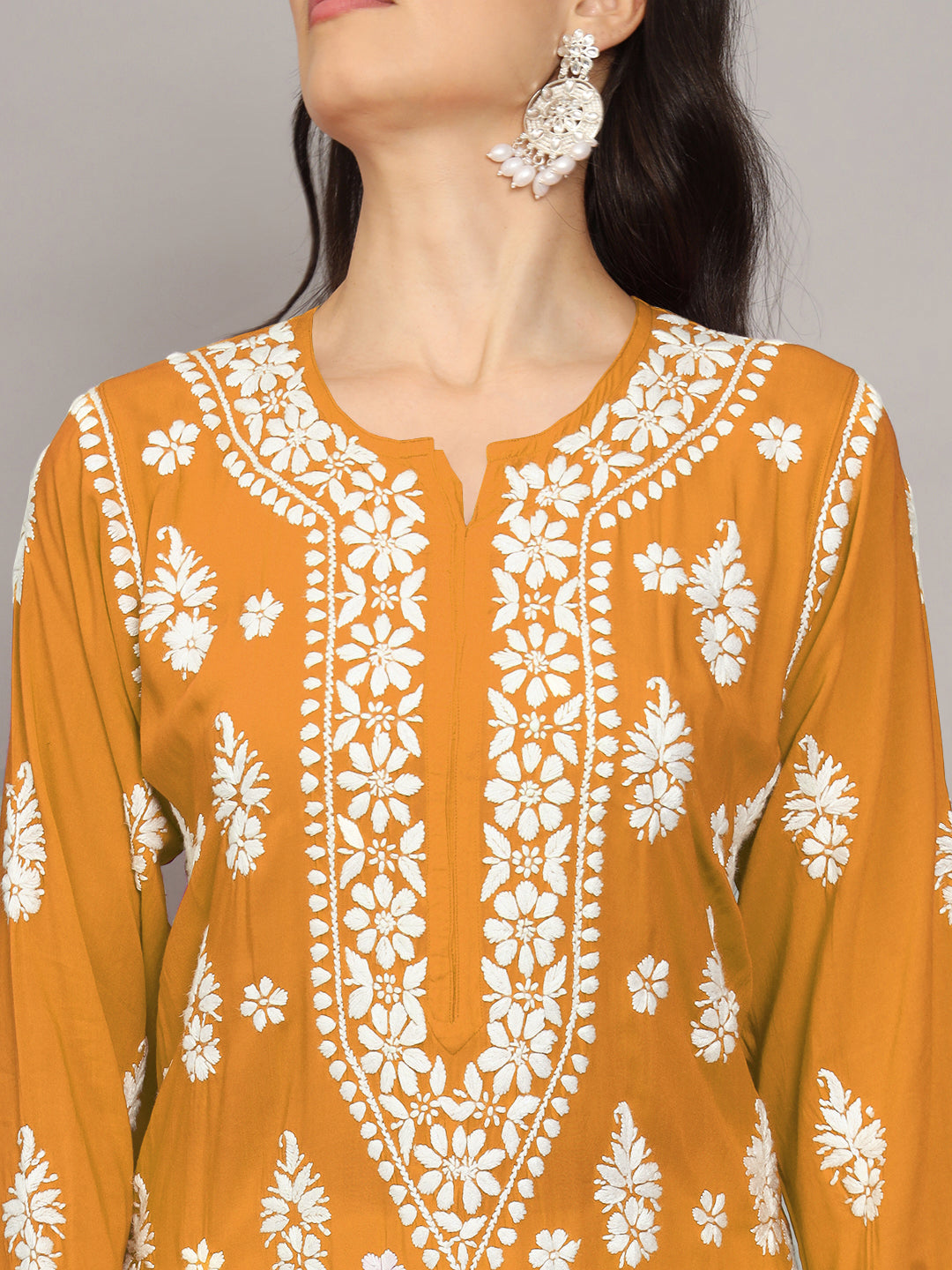 Women Chikankari Hand Embroidered Modal Kurta -AL4042 Mustard