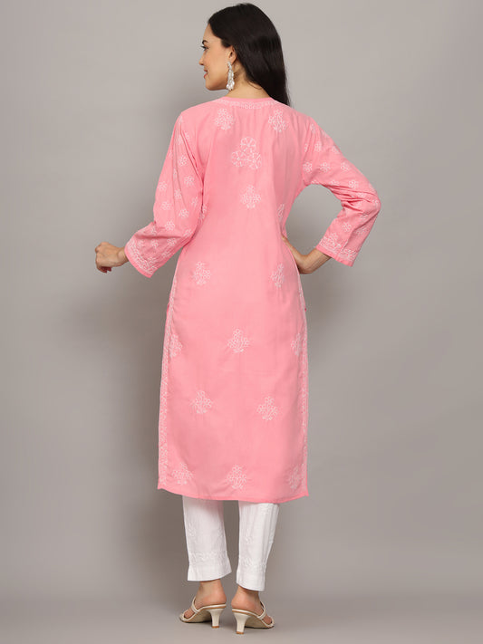 Women Hand Embroidered Chikankari Cotton Kurta-AL4043 Coral