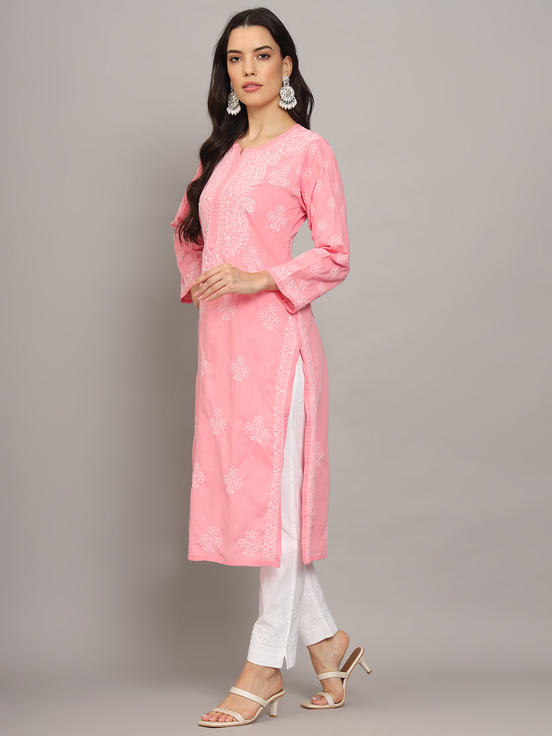 Women Hand Embroidered Chikankari Cotton Kurta-AL4043 Coral