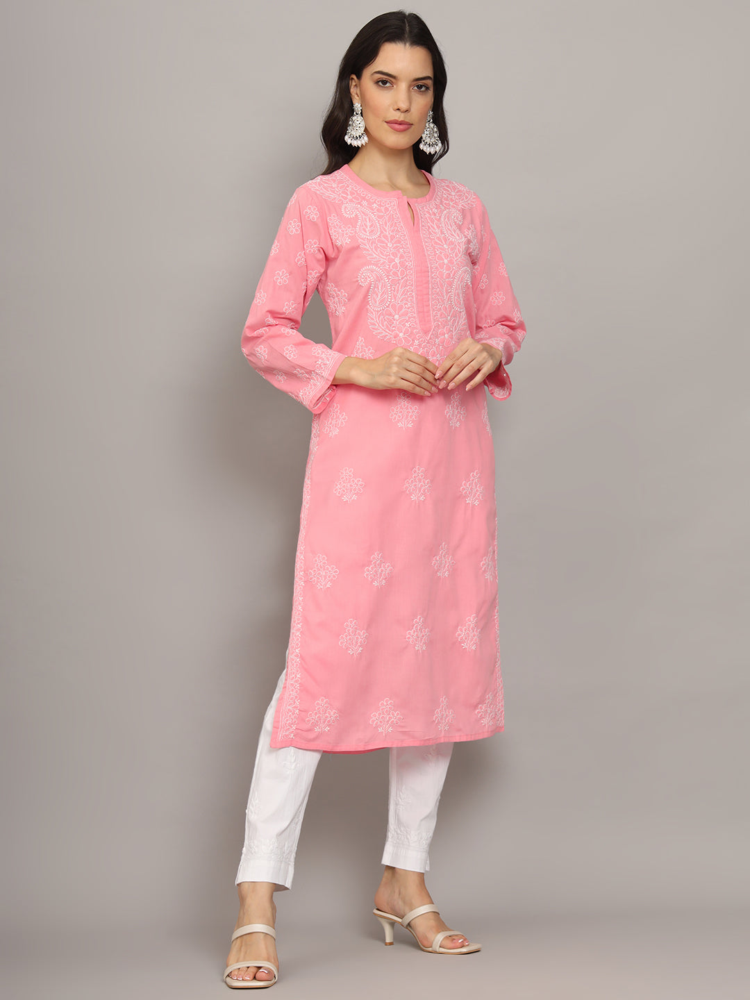 Women Hand Embroidered Chikankari Cotton Kurta-AL4043 Coral