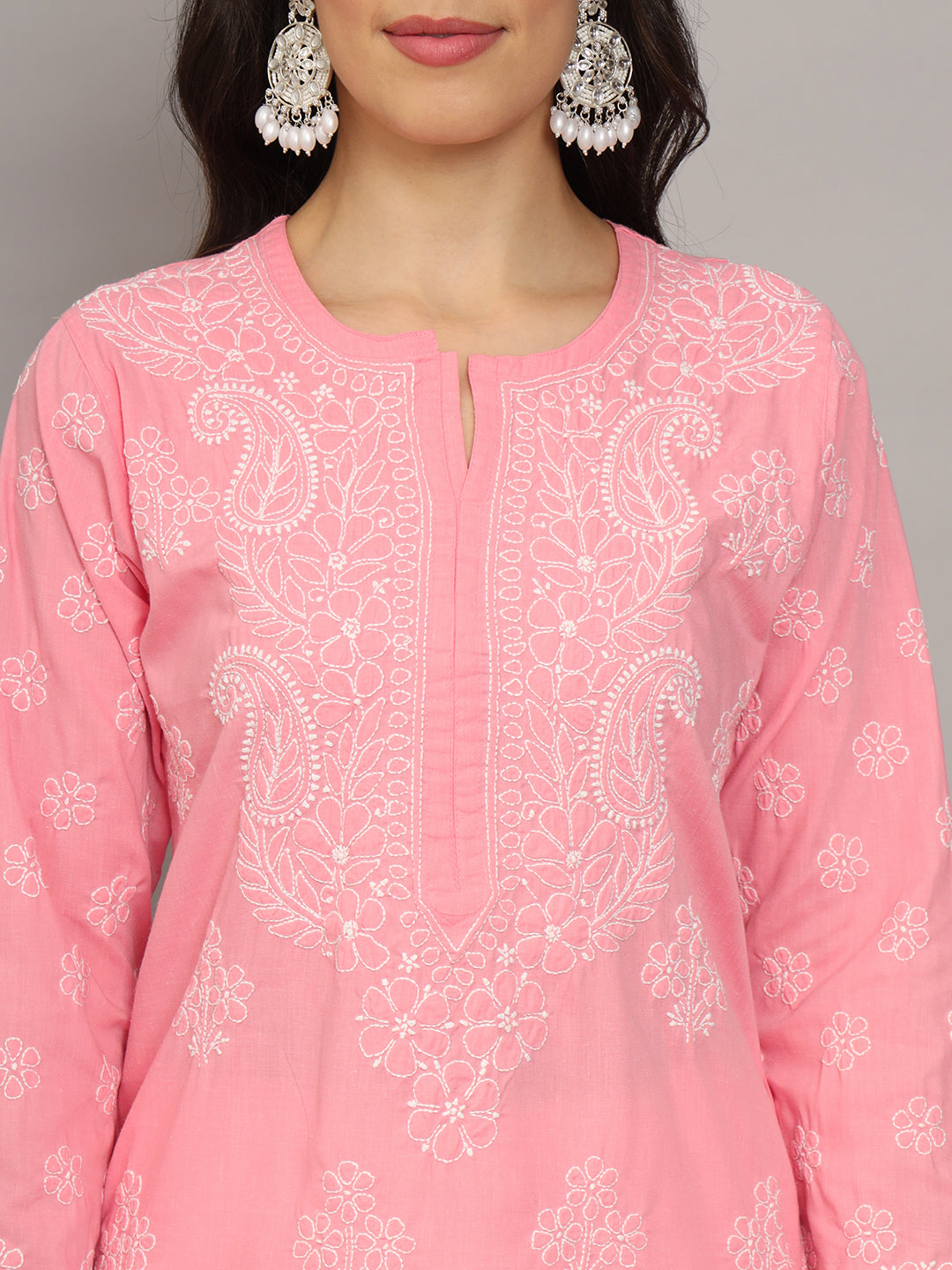 Women Hand Embroidered Chikankari Cotton Kurta-AL4043 Coral
