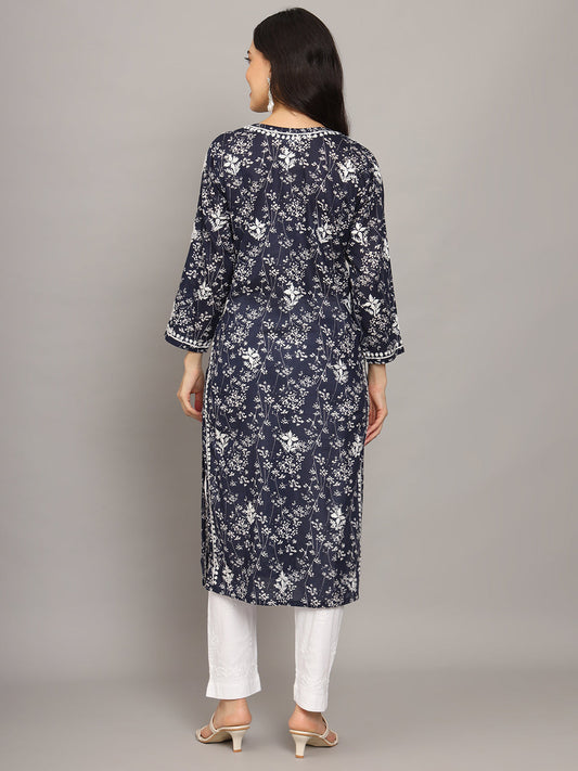 Women Hand Embroidered Chikankari Mulmul Cotton Printed Kurta-AL4041 Navy