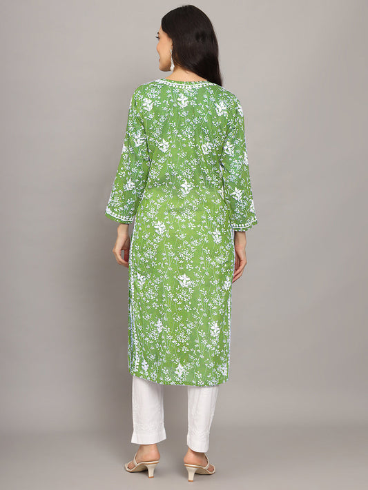 Women Hand Embroidered Chikankari Mulmul Cotton Printed Kurta-AL4041 Green