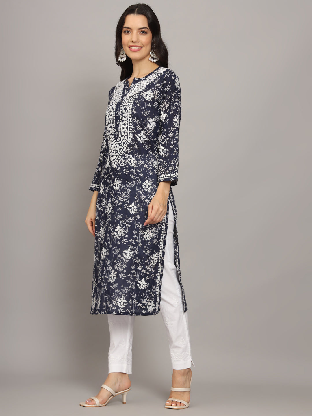 Women Hand Embroidered Chikankari Mulmul Cotton Printed Kurta-AL4041 Navy