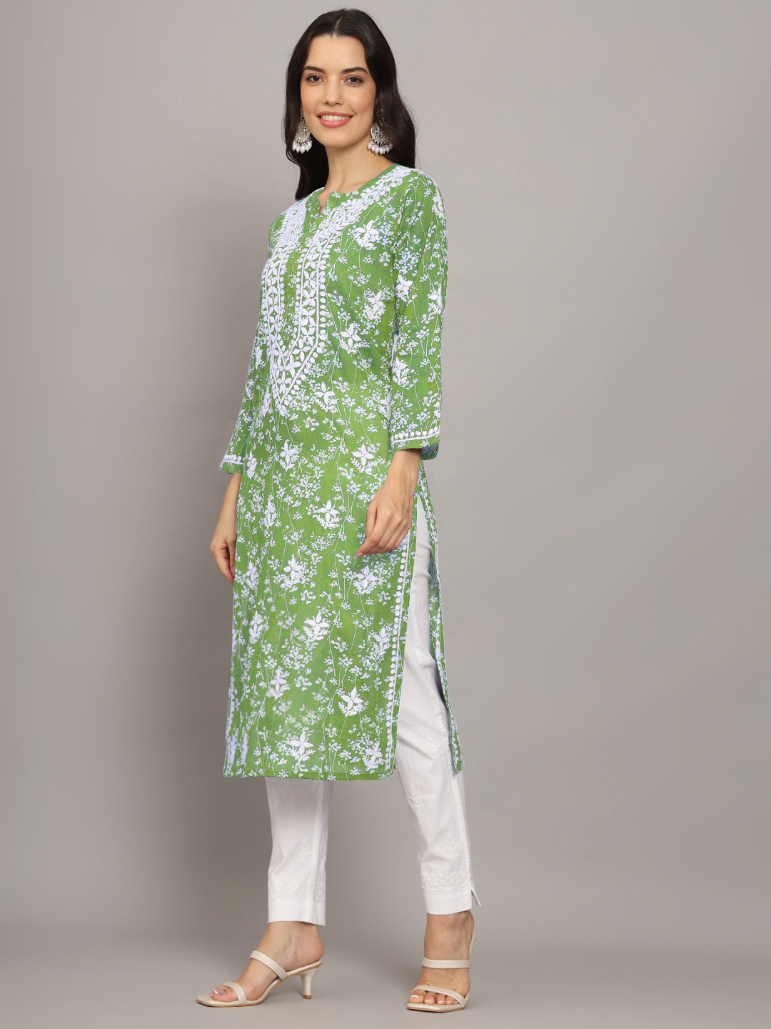 Women Hand Embroidered Chikankari Mulmul Cotton Printed Kurta-AL4041 Green