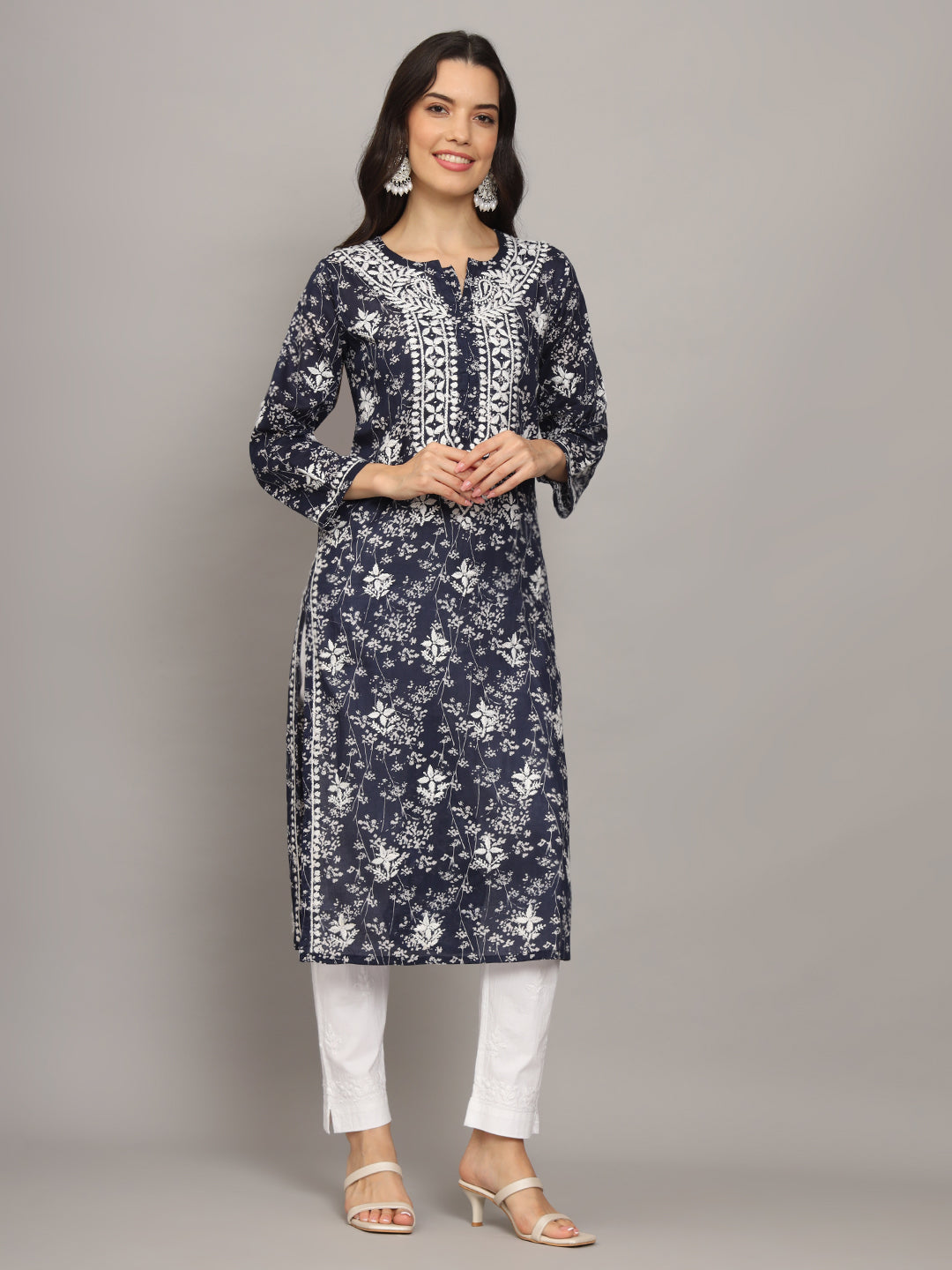 Women Hand Embroidered Chikankari Mulmul Cotton Printed Kurta-AL4041 Navy