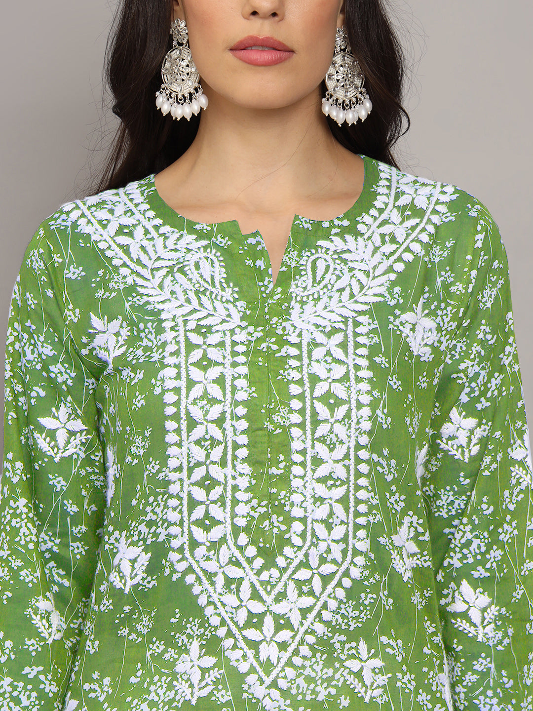 Women Hand Embroidered Chikankari Mulmul Cotton Printed Kurta-AL4041 Green