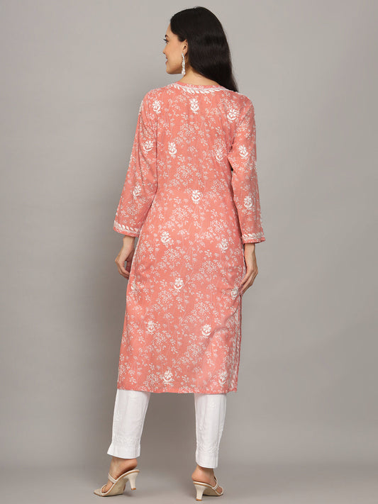 Women Hand Embroidered Chikankari Mulmul Cotton Printed Kurta-AL4041 Peach