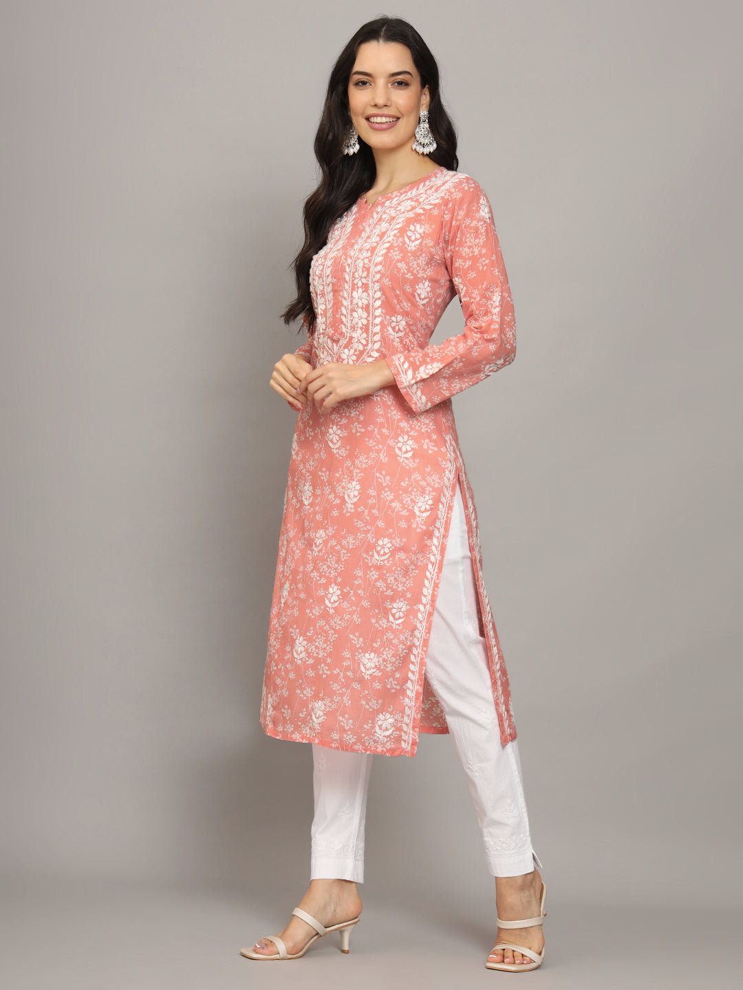 Women Hand Embroidered Chikankari Mulmul Cotton Printed Kurta-AL4041 Peach