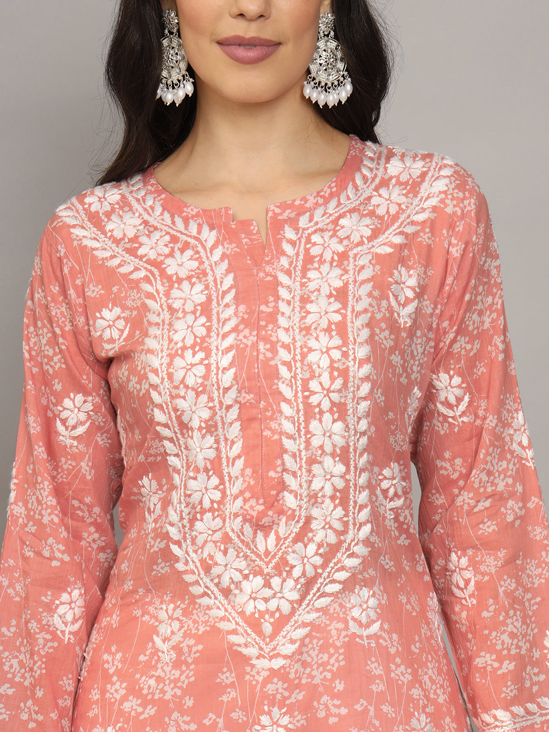 Women Hand Embroidered Chikankari Mulmul Cotton Printed Kurta-AL4041 Peach