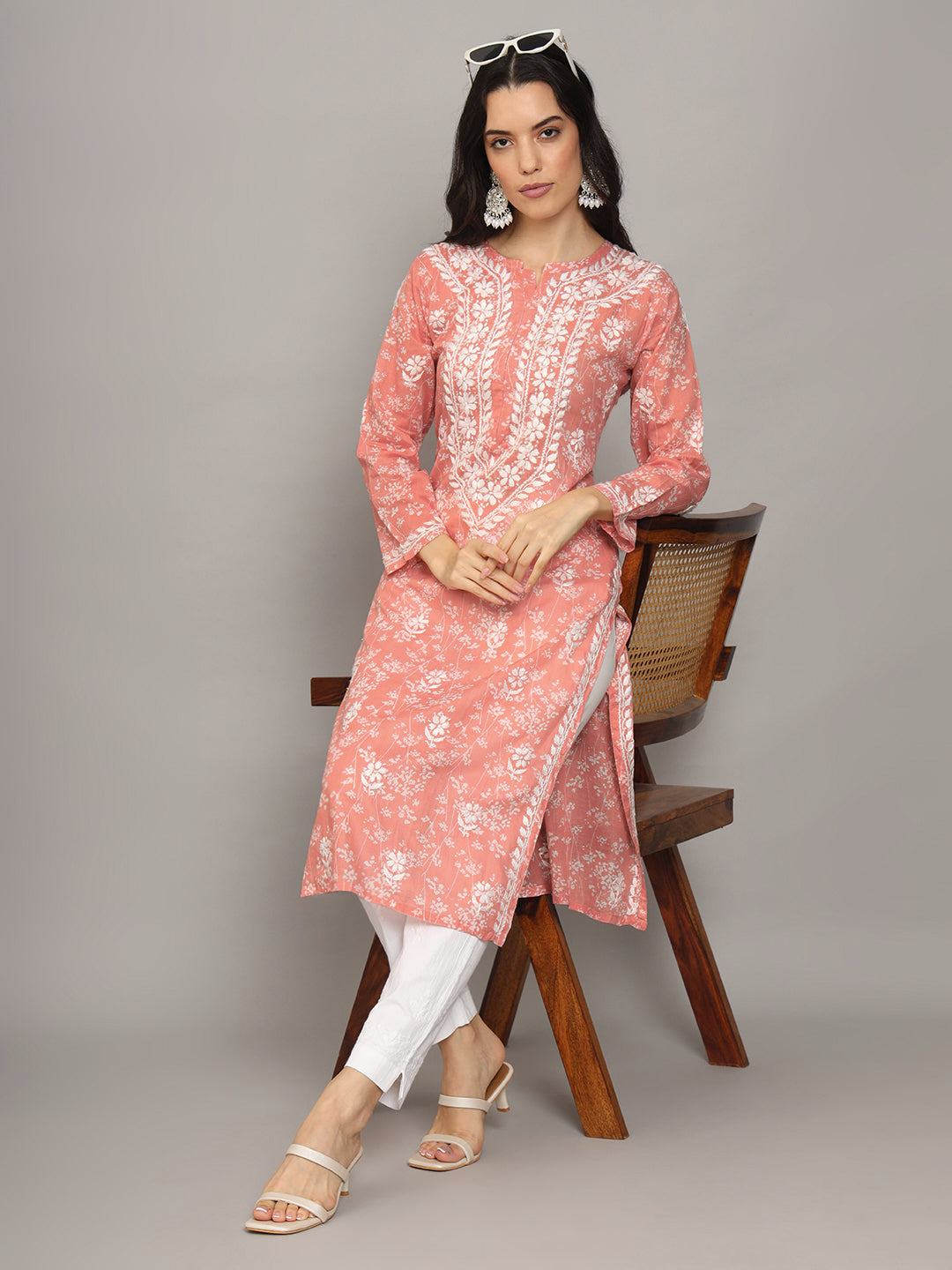 Women Hand Embroidered Chikankari Mulmul Cotton Printed Kurta-AL4041 Peach