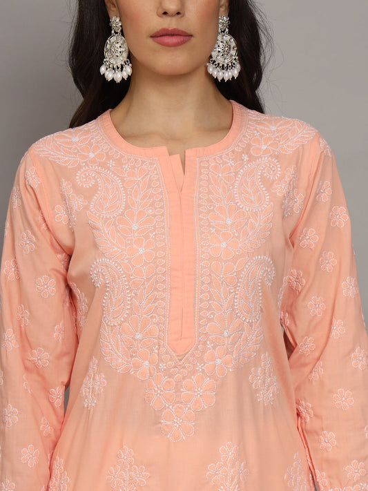 Women Hand Embroidered Chikankari Cotton Kurta-AL4043 Peach