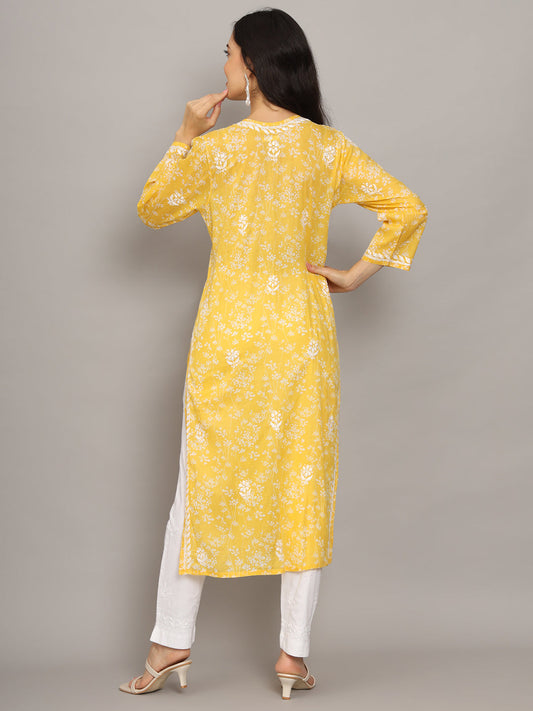 Women Hand Embroidered Chikankari Mulmul Cotton Printed Kurta-AL4041 Yellow