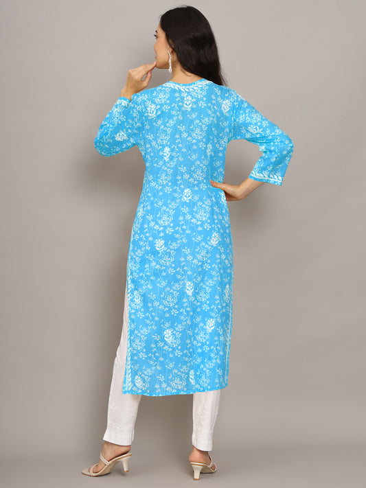 Women Hand Embroidered Chikankari Mulmul Cotton Printed Kurta-AL4041 Blue