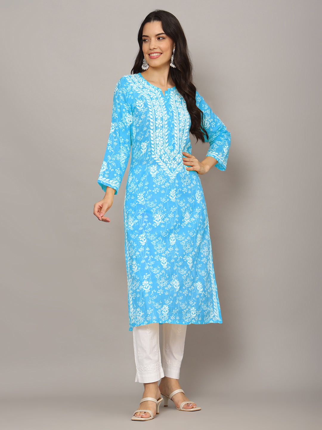 Women Hand Embroidered Chikankari Mulmul Cotton Printed Kurta-AL4041 Blue