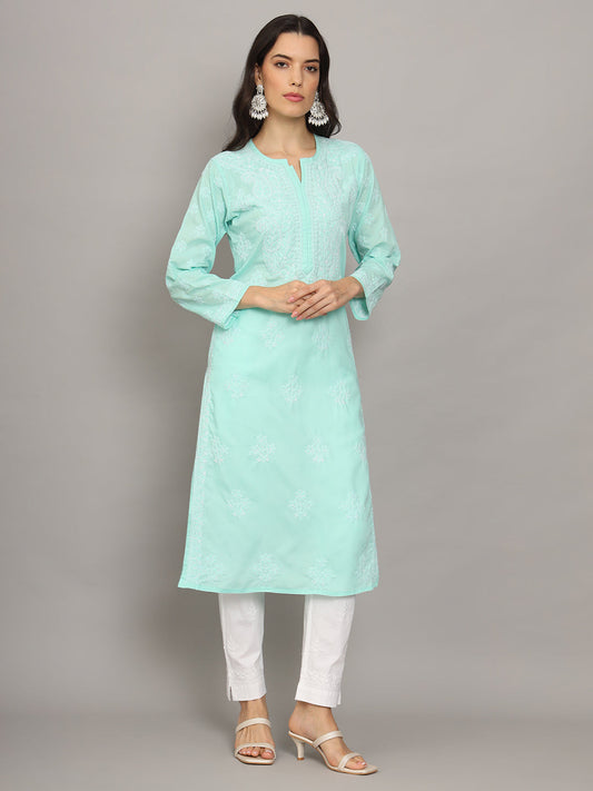 Women Hand Embroidered Chikankari Cotton Kurta-AL4043 Seagreen
