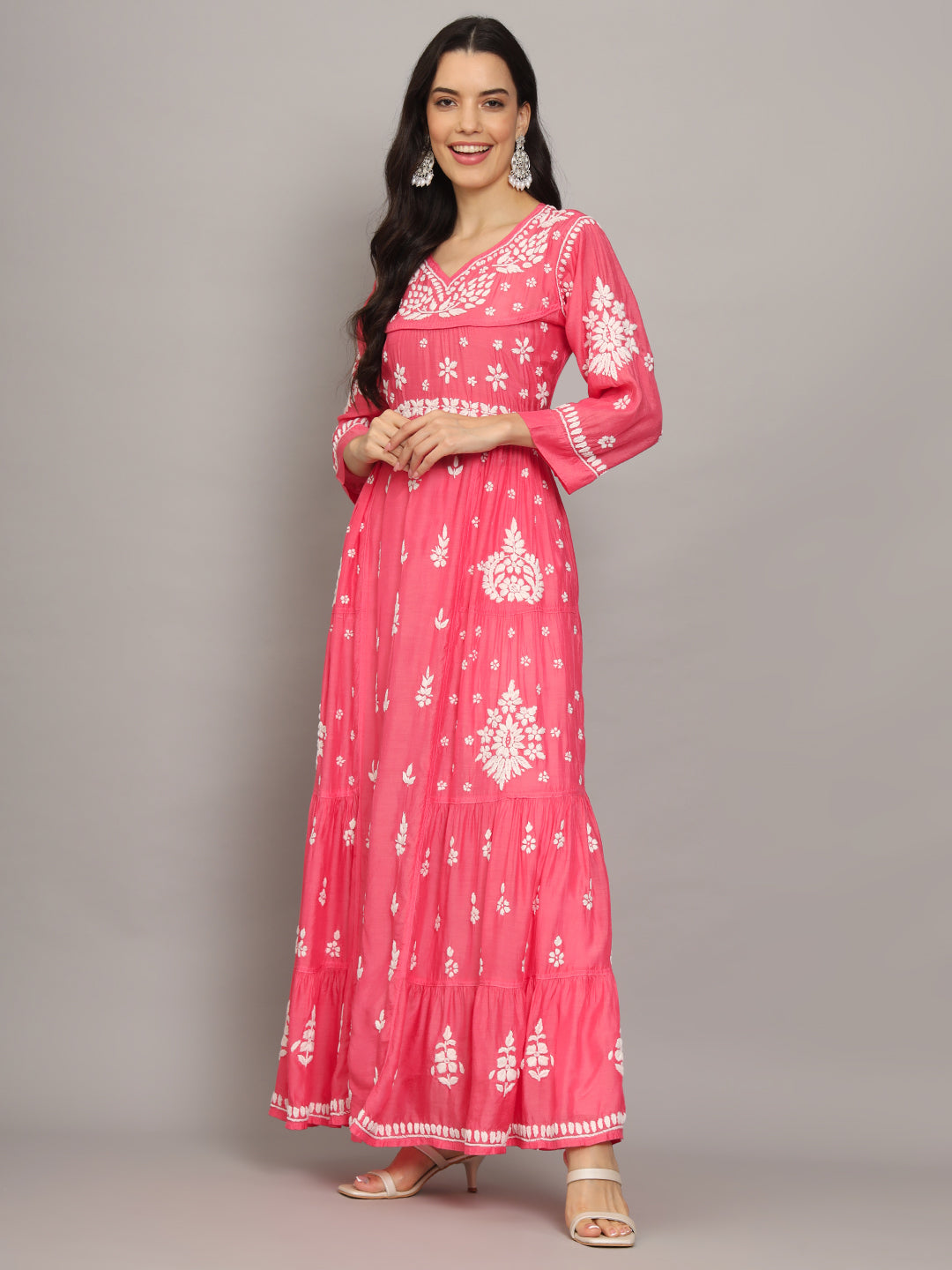 Women Hand Embroidered Chikankari Muslin Jalabiyas-AL4044 Peach