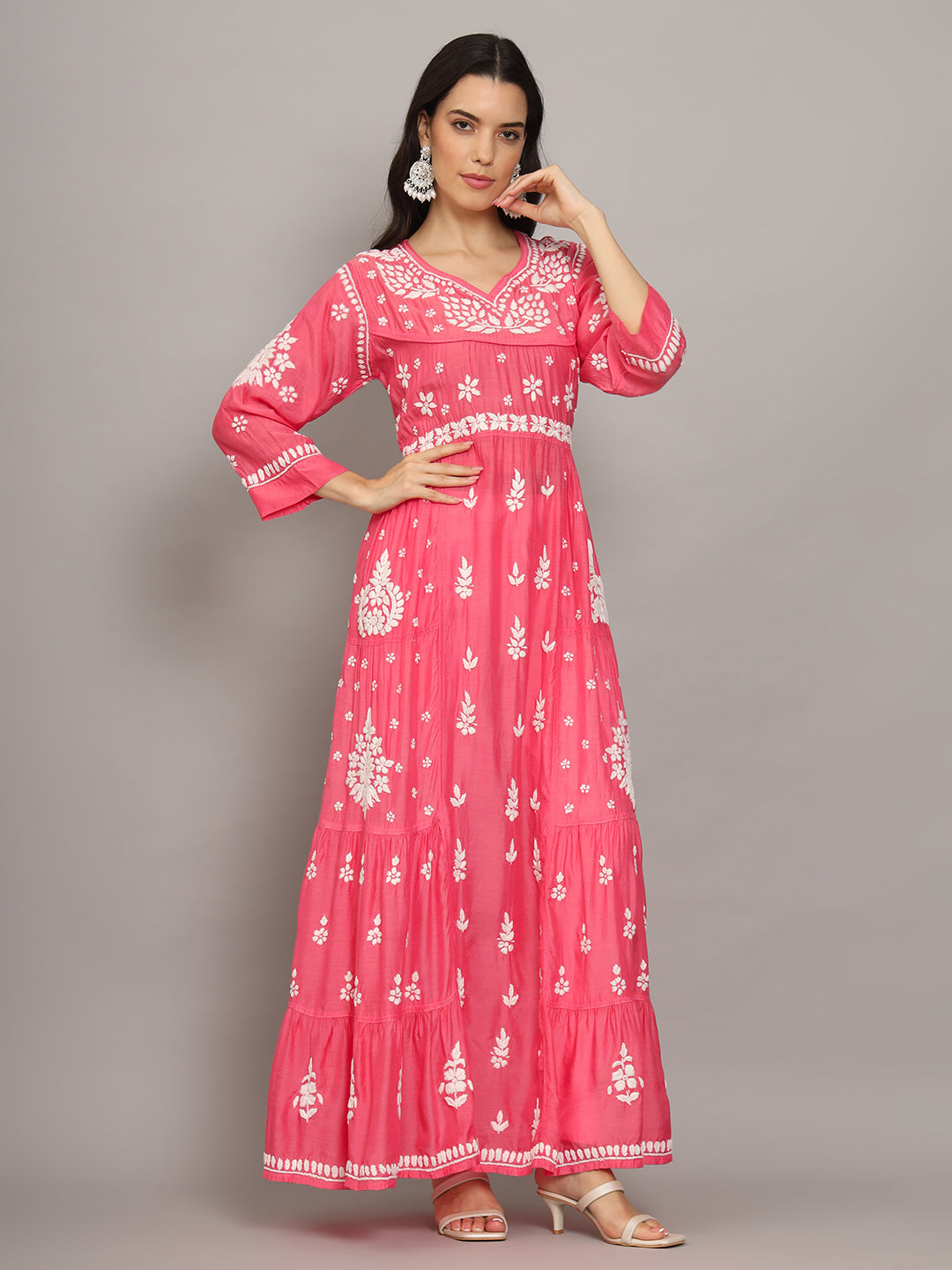 Women Hand Embroidered Chikankari Muslin Jalabiyas-AL4044 Peach