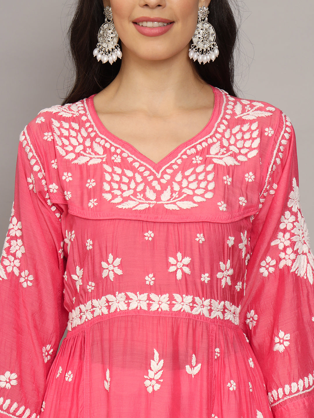 Women Hand Embroidered Chikankari Muslin Jalabiyas-AL4044 Peach