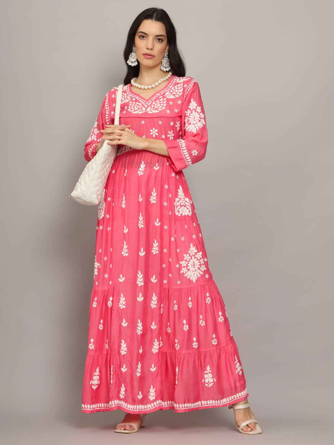 Women Hand Embroidered Chikankari Muslin Jalabiyas-AL4044 Peach