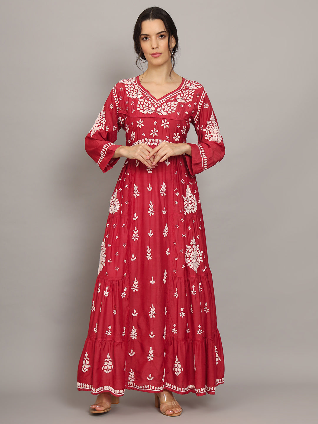 Women Hand Embroidered Chikankari Muslin Jalabiyas-AL4044 Red