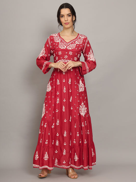 Women Hand Embroidered Chikankari Muslin Jalabiyas-AL4044 Red