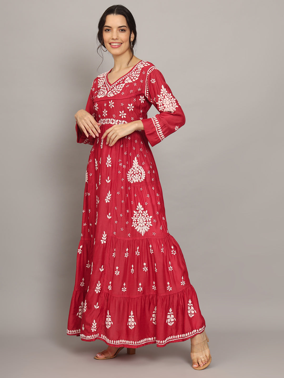 Women Hand Embroidered Chikankari Muslin Jalabiyas-AL4044 Red