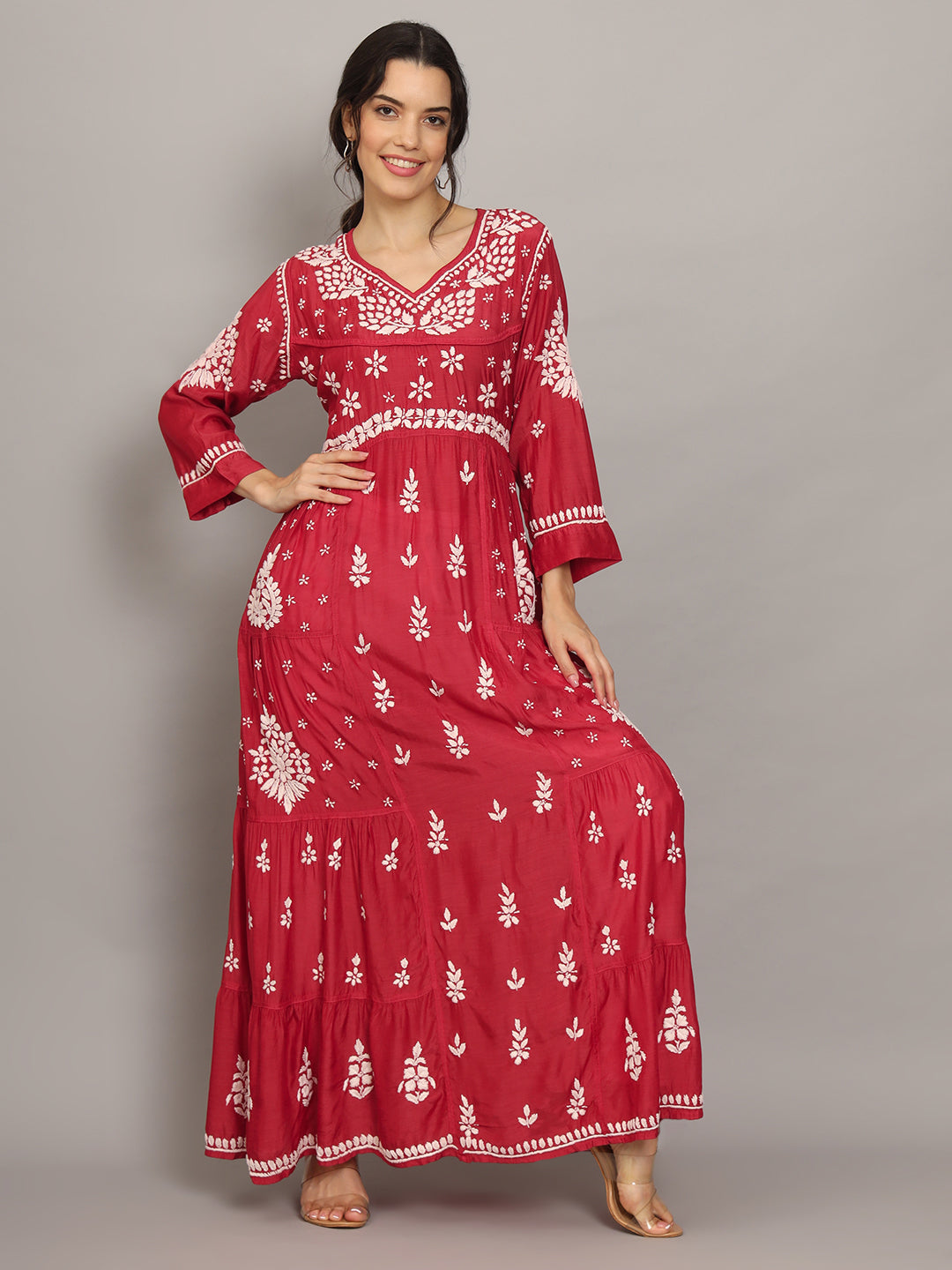 Women Hand Embroidered Chikankari Muslin Jalabiyas-AL4044 Red