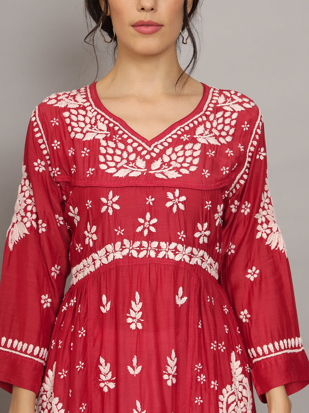 Women Hand Embroidered Chikankari Muslin Jalabiyas-AL4044 Red