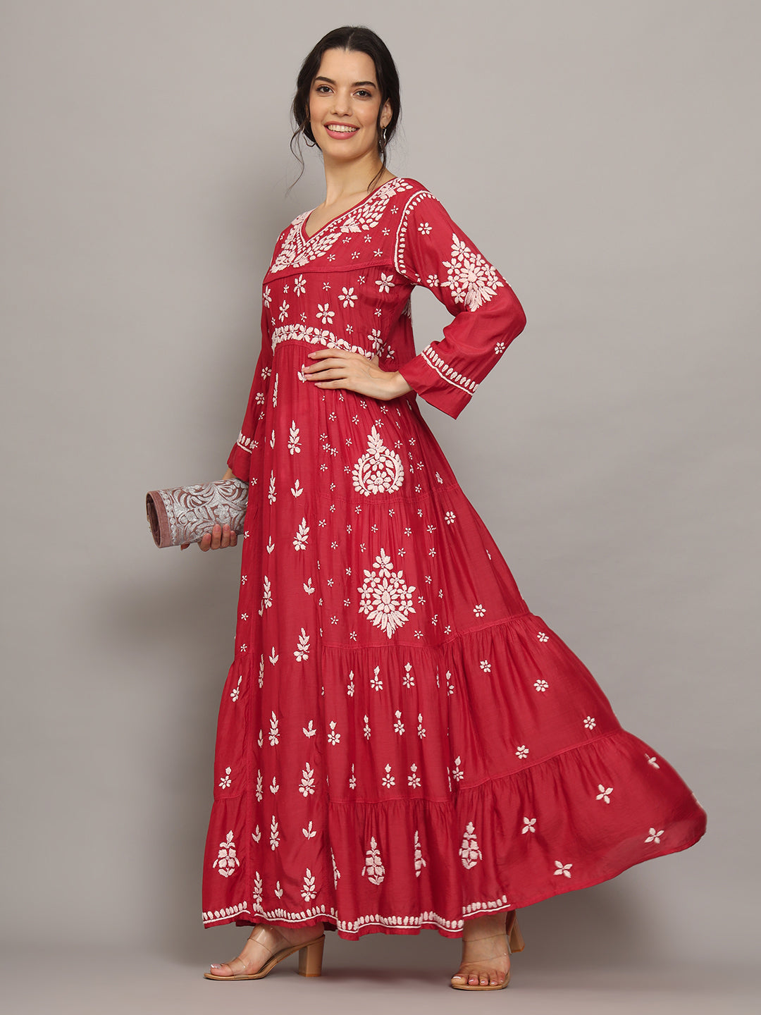 Women Hand Embroidered Chikankari Muslin Jalabiyas-AL4044 Red