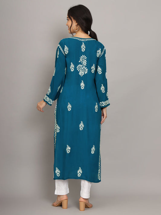 Women Chikankari Hand Embroidered Modal Kurta -AL4042 Bottlegreen