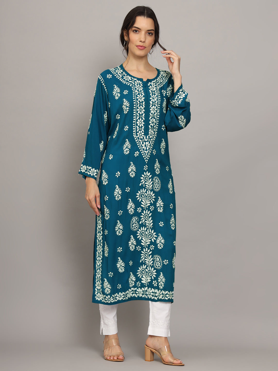 Women Chikankari Hand Embroidered Modal Kurta -AL4042 Bottlegreen