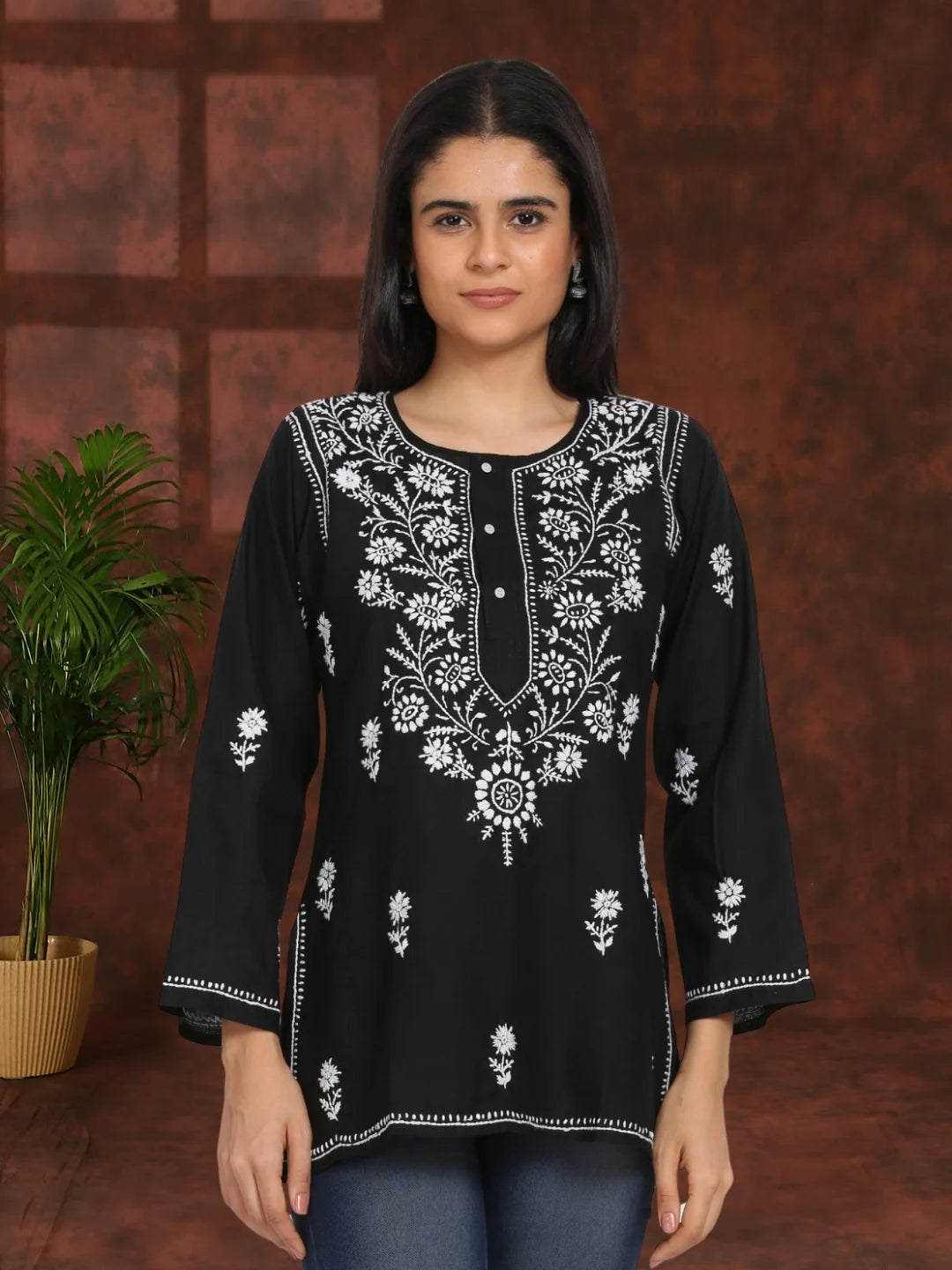Women Hand Embroidered Chikankari Cotton Kurti-ALSTV115 Red