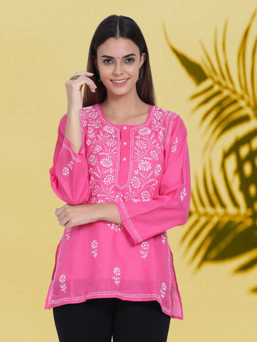 Women Hand Embroidered Chikankari Cotton Short Kurti-ALSTV115 Hotpink