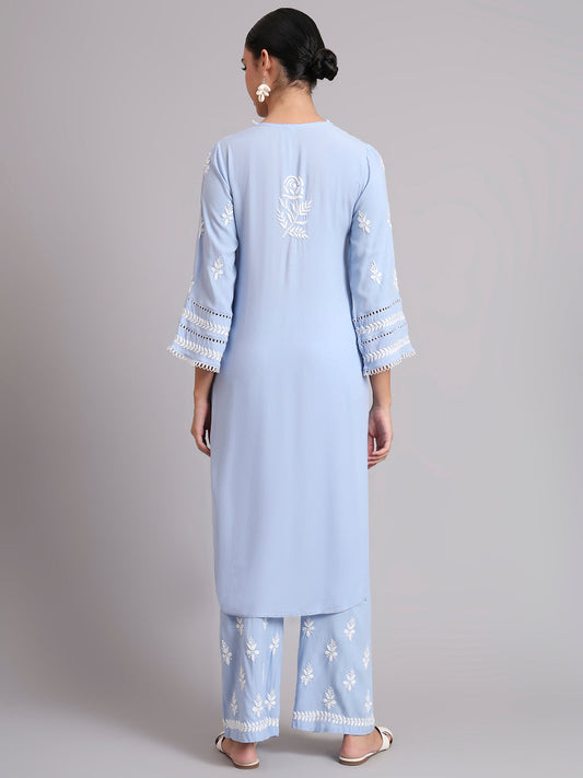 Women Hand Embroidered Lucknowi Chikankari Rayon Kurta Set-AL4078KS Denim