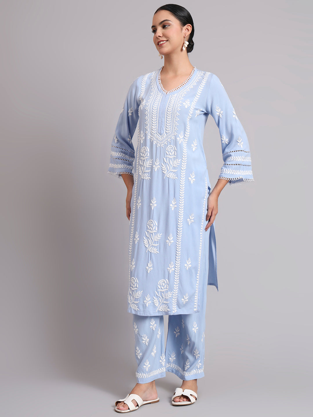 Women Hand Embroidered Lucknowi Chikankari Rayon Kurta Set-AL4078KS Denim