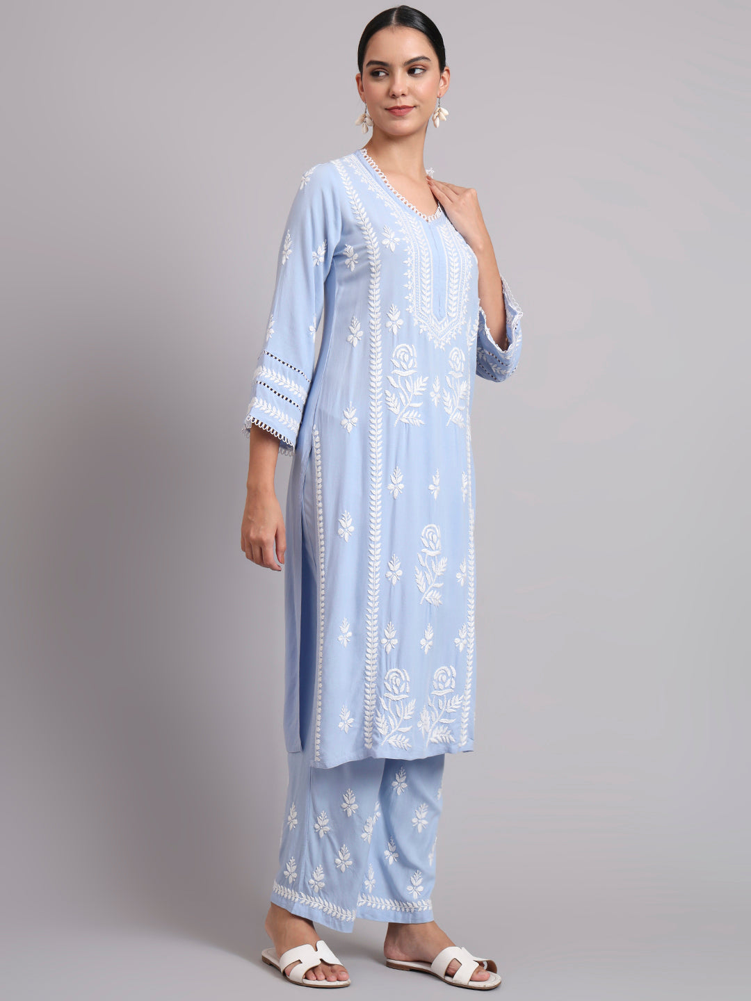Women Hand Embroidered Lucknowi Chikankari Rayon Kurta Set-AL4078KS Denim