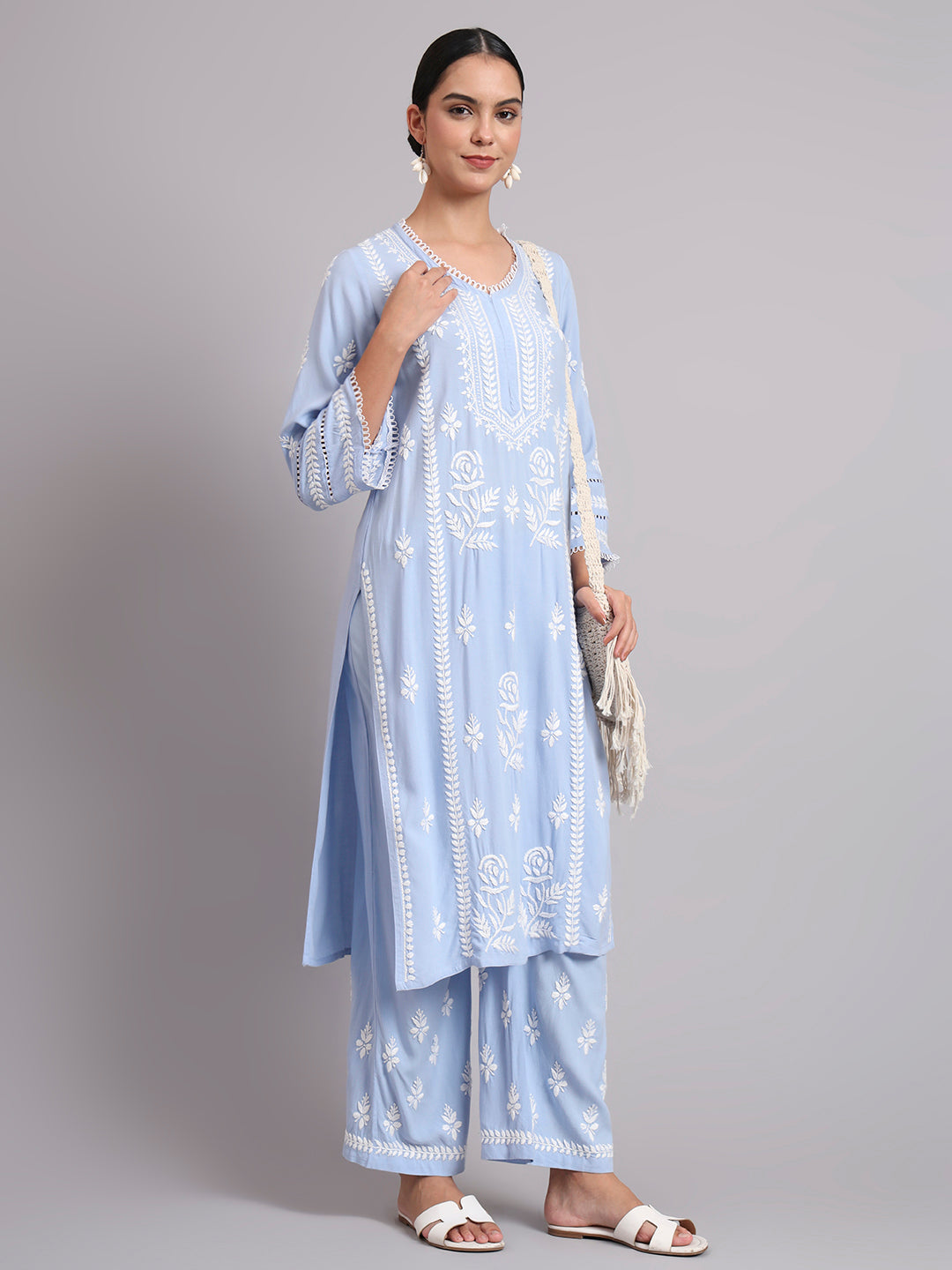 Women Hand Embroidered Lucknowi Chikankari Rayon Kurta Set-AL4078KS Denim