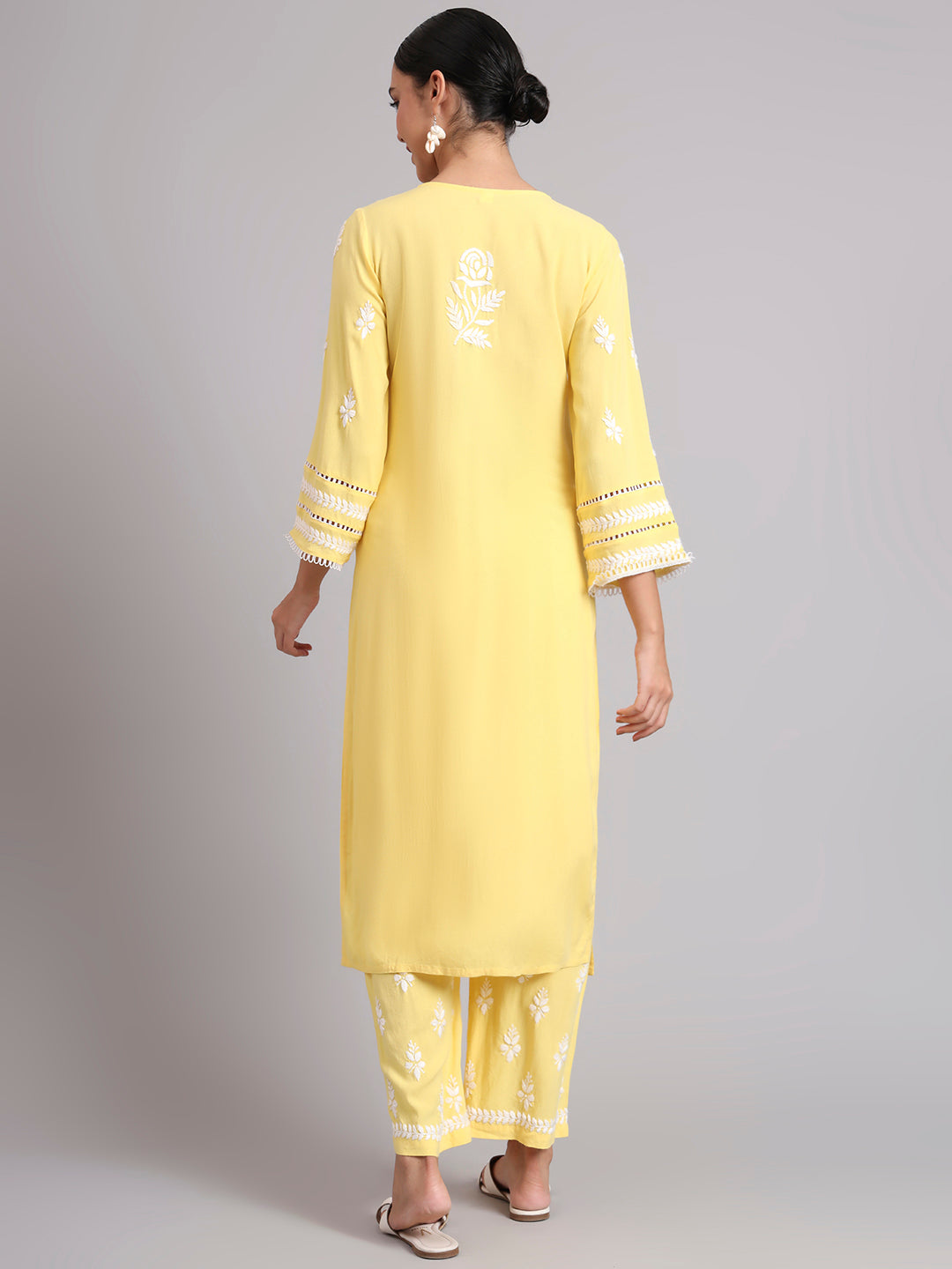 Women Hand Embroidered Lucknowi Chikankari Rayon Kurta Set-AL4078KS Yellow