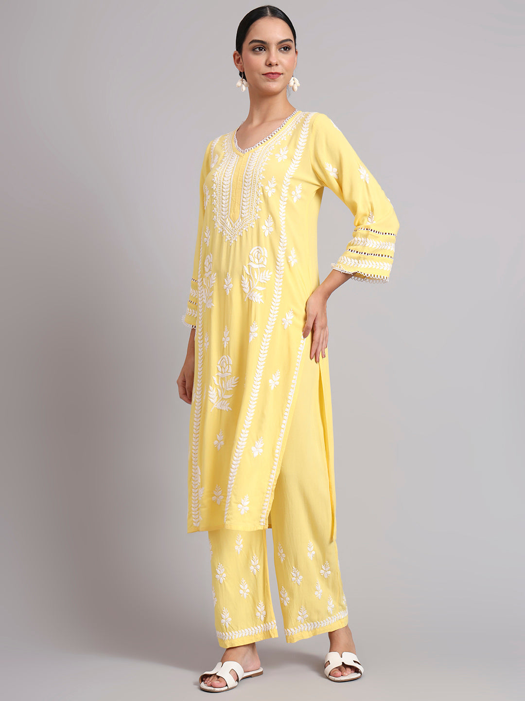 Women Hand Embroidered Lucknowi Chikankari Rayon Kurta Set-AL4078KS Yellow