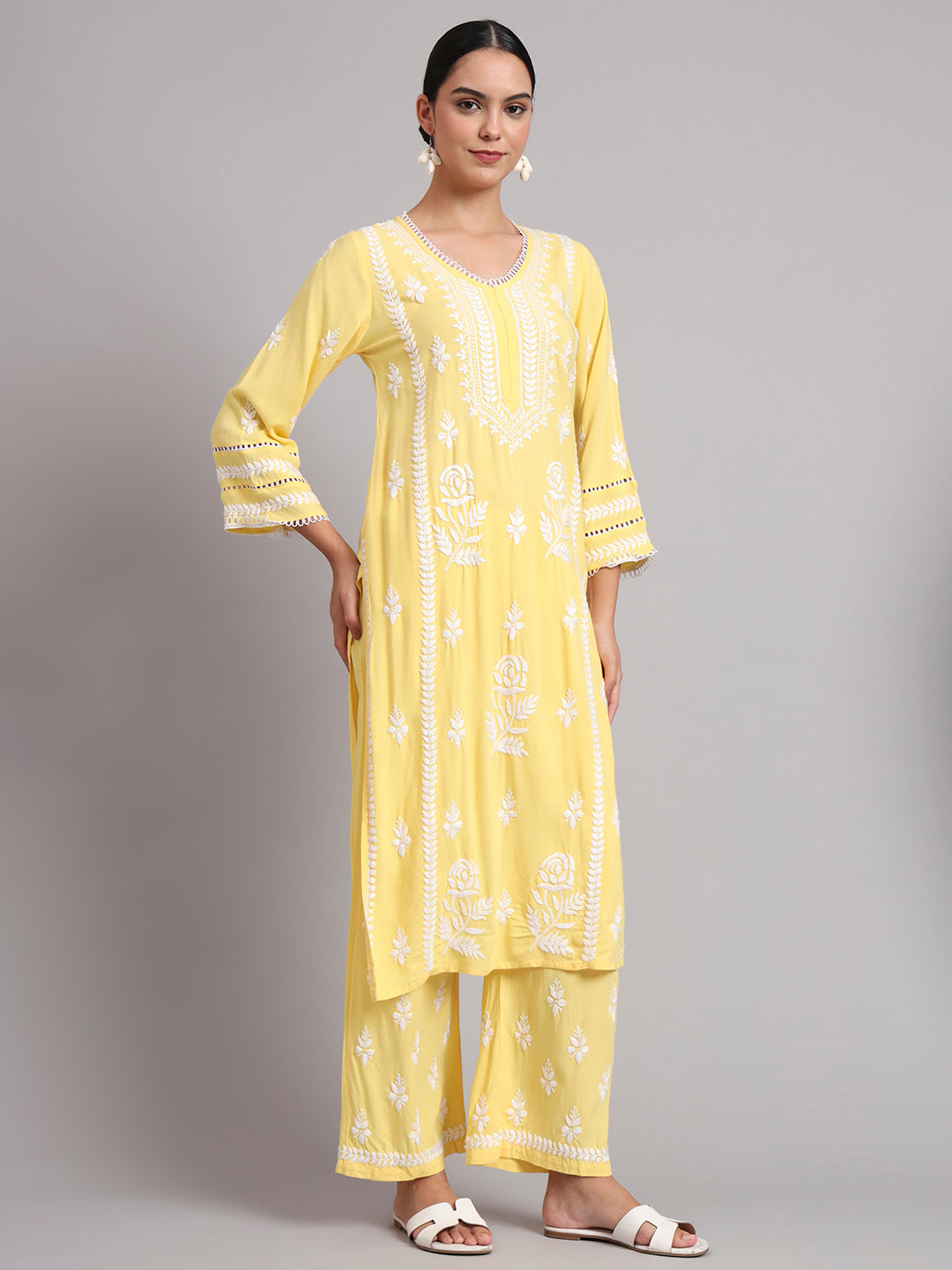 Women Hand Embroidered Lucknowi Chikankari Rayon Kurta Set-AL4078KS Yellow