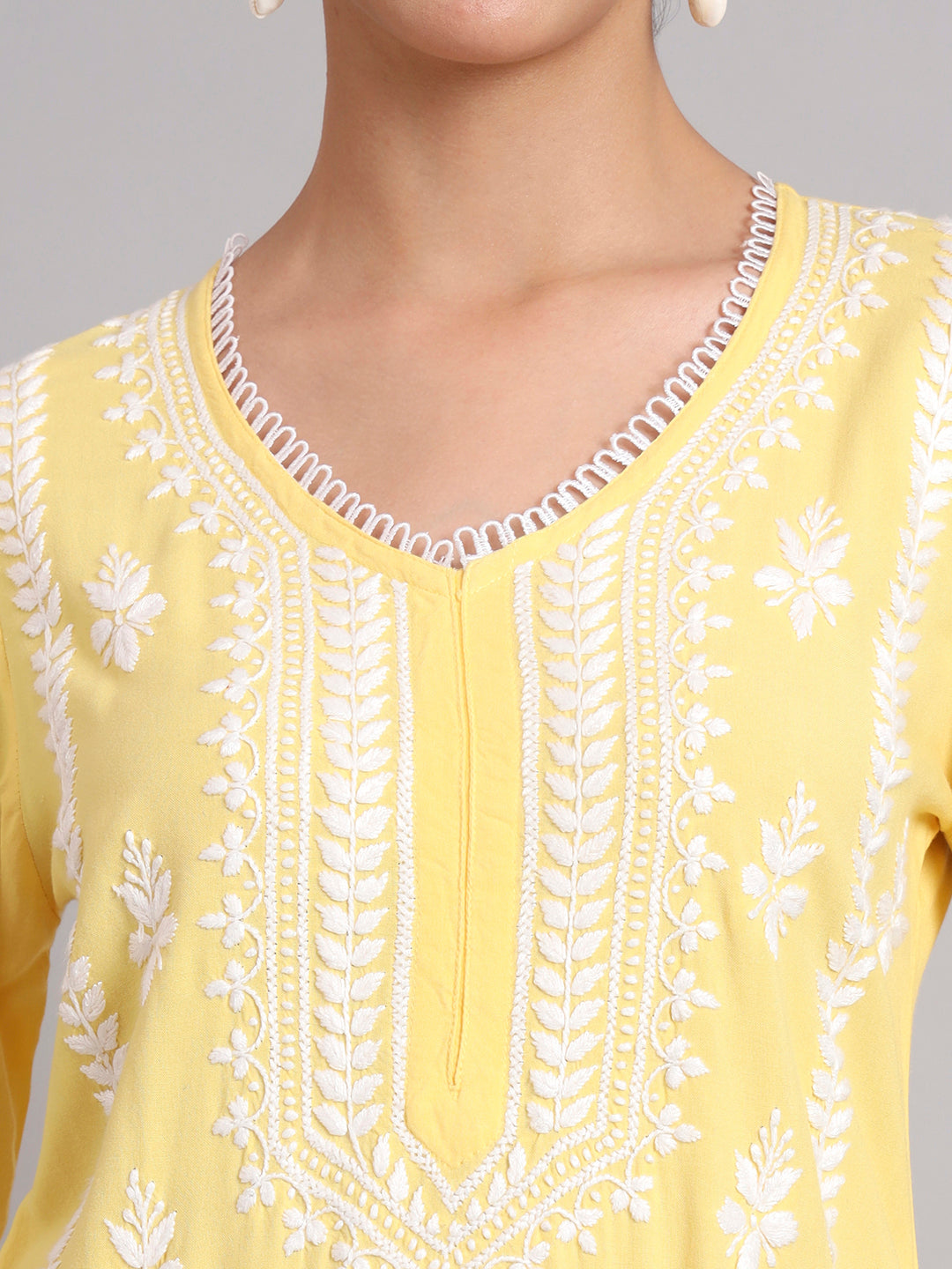 Women Hand Embroidered Lucknowi Chikankari Rayon Kurta Set-AL4078KS Yellow