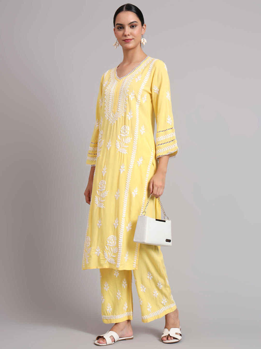 Women Hand Embroidered Lucknowi Chikankari Rayon Kurta Set-AL4078KS Yellow