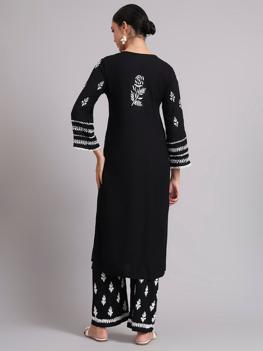 Women Hand Embroidered Lucknowi Chikankari Rayon Kurta Set-AL4078KS Black