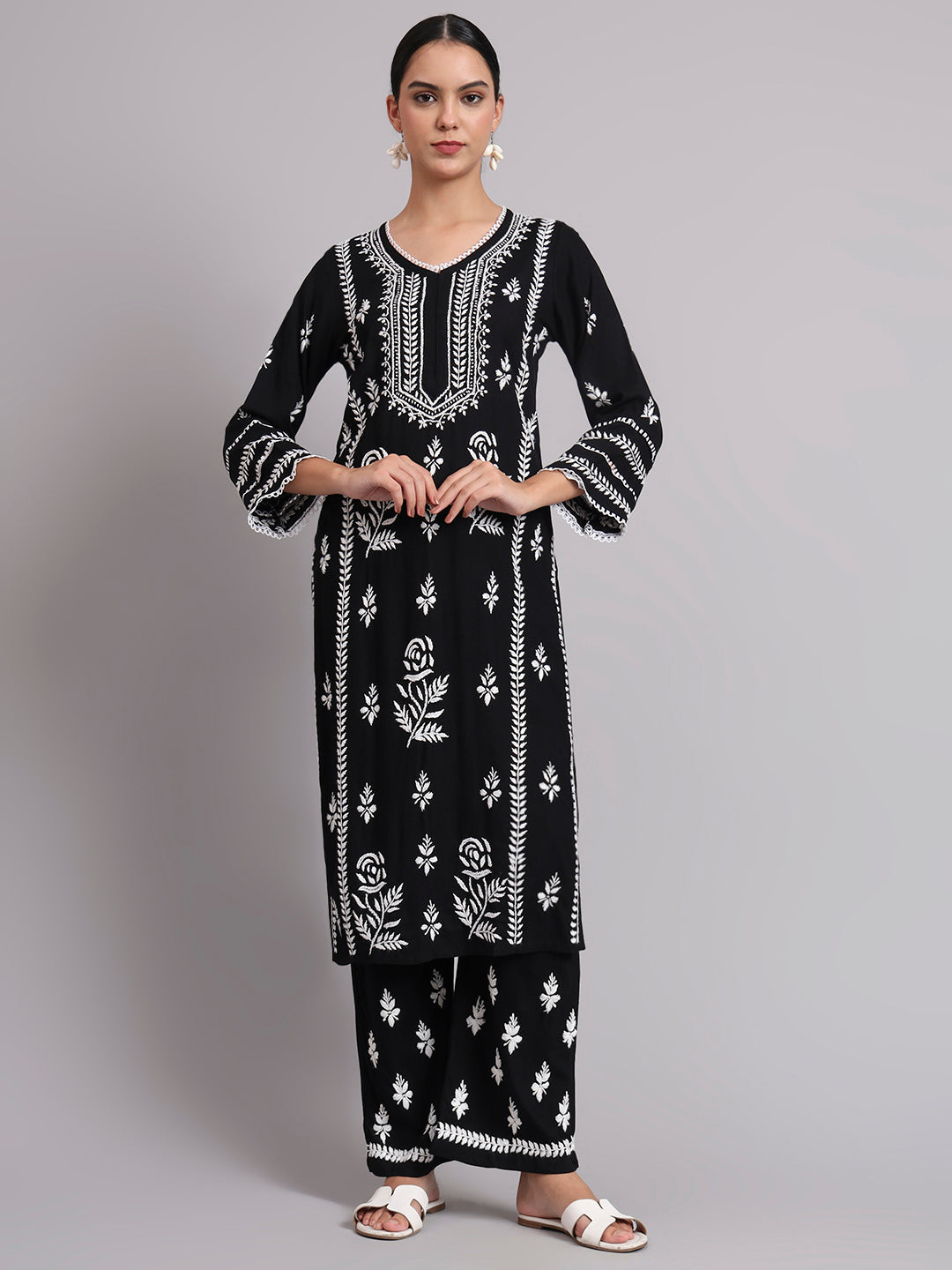 Women Hand Embroidered Lucknowi Chikankari Rayon Kurta Set-AL4078KS Black