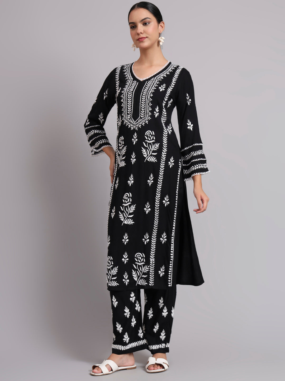 Women Hand Embroidered Lucknowi Chikankari Rayon Kurta Set-AL4078KS Black