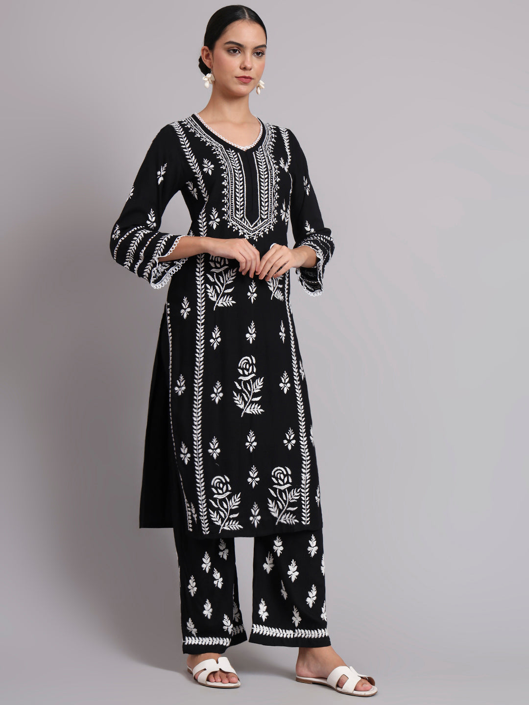 Women Hand Embroidered Lucknowi Chikankari Rayon Kurta Set-AL4078KS Black