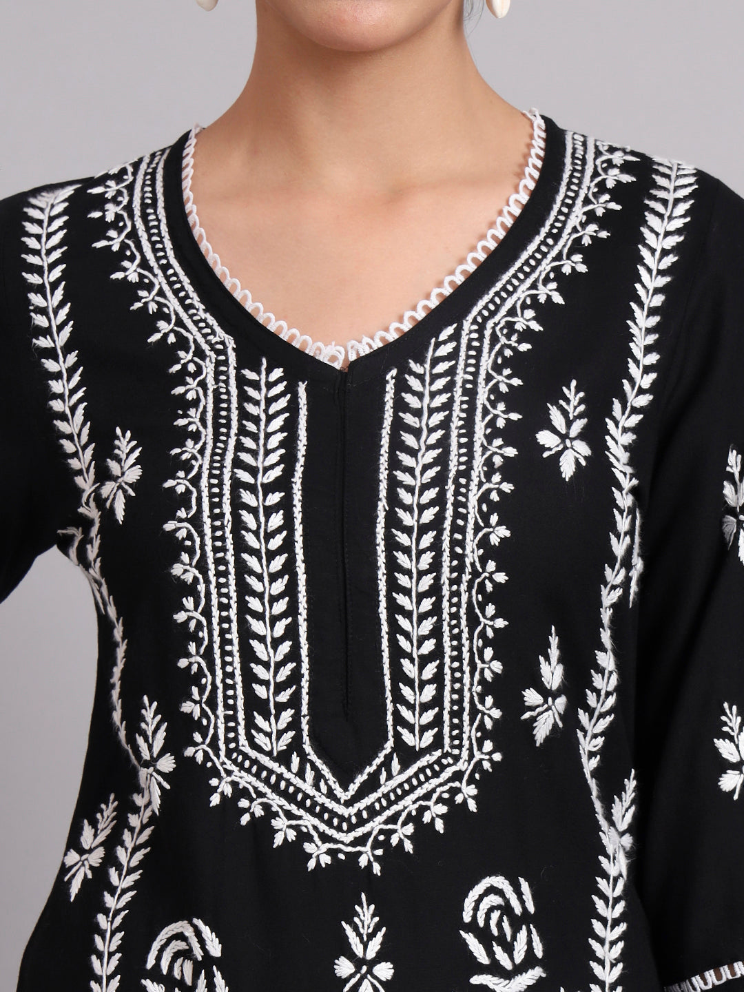 Women Hand Embroidered Lucknowi Chikankari Rayon Kurta Set-AL4078KS Black