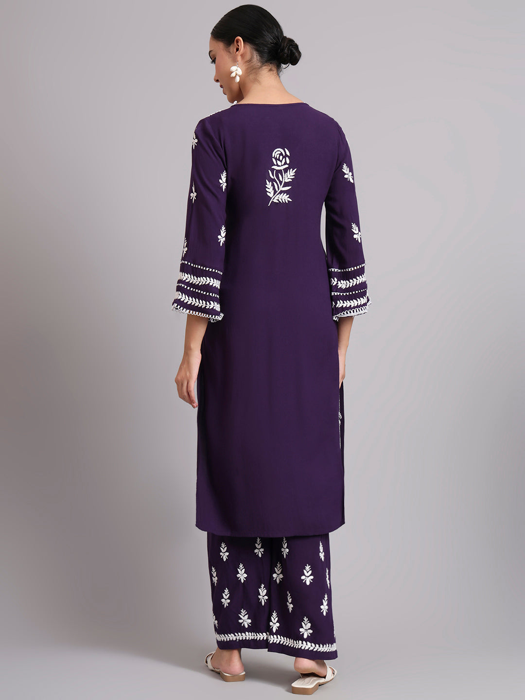 Women Hand Embroidered Lucknowi Chikankari Rayon Kurta Set-AL4078KS Purple