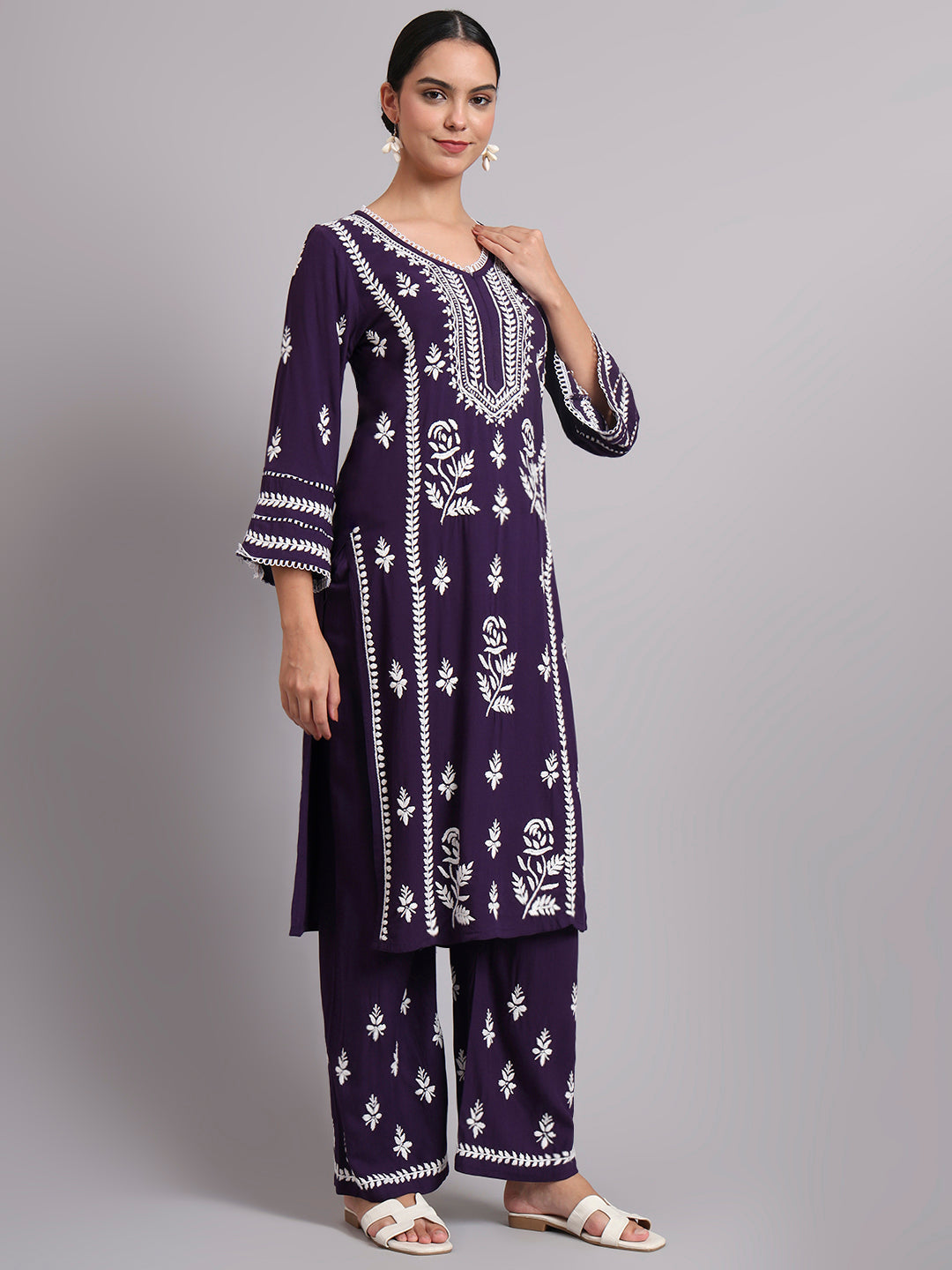 Women Hand Embroidered Lucknowi Chikankari Rayon Kurta Set-AL4078KS Purple
